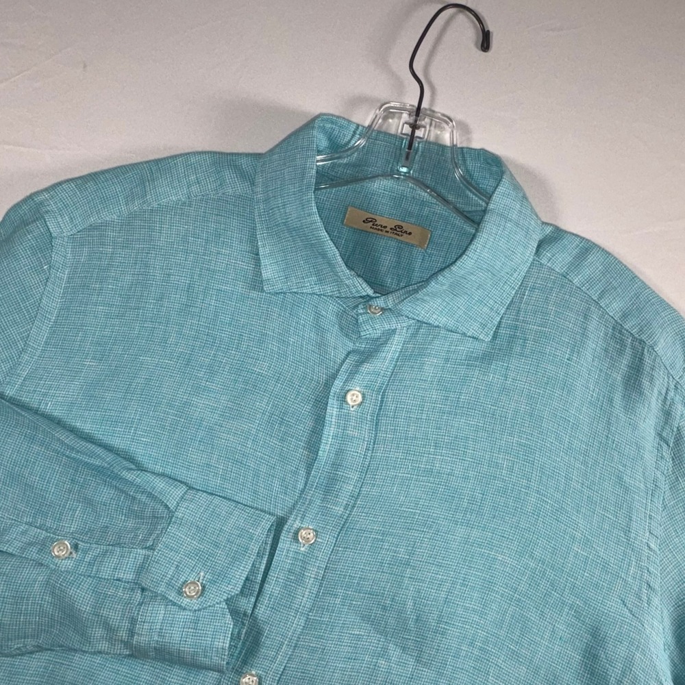 Puro Lino Mens 100% Linen Shirt Turquoise Blue Check Made in Italy Large XL